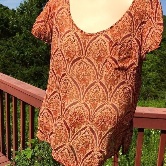 Lucky 100% silk short sleeve blouse paisley Tangerine rust S - Picture 1 of 5
